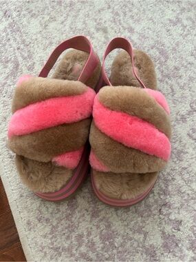 UGG Fuzz Sugar Slide Sandals in Pink and Brown